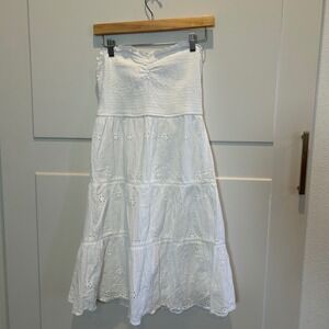 Japra White Eyelet Tiered Smocked Bust Strapless Midi Dress Women's Size M Bohk